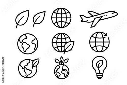 Ecology line icons set. Eco friendly, sustainability and environment concept. Green energy, nature leaf, planet earth, global travel plane and renewable resources symbols.