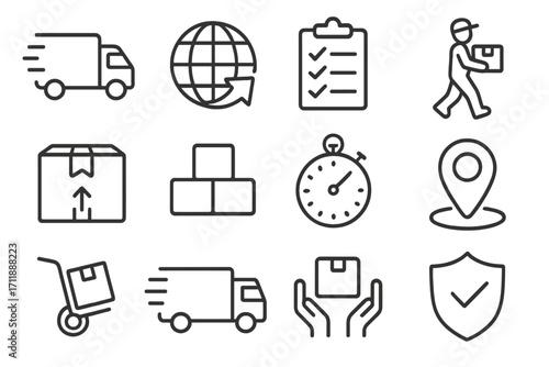 Delivery and transport line icon set. Logistics, shipping, courier service symbols. Fast worldwide delivery, order tracking, and package handling vector signs for web and app.