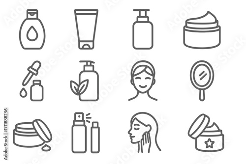 Skincare line icon set. Cosmetic products and beauty treatment outline pictograms. Vector symbols for web, apps. Cream, serum, lotion, spray, mask, and face care concepts.