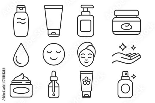 Skincare and beauty line icon set. Cosmetic products collection. Face cream, serum, lotion, shampoo, mask. Spa treatment. Minimal pictogram for web, app, graphic design.