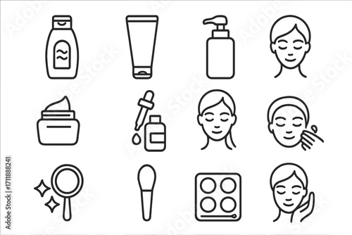 Skincare and cosmetics line icon set. Beauty routine, facial care, and makeup pictograms. Vector illustration for web, apps, and design. Self-care, dermatology symbols.