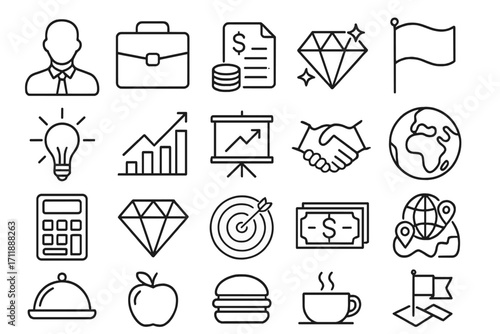 Business and finance thin line icon set. Global strategy, investment growth, money, and success concepts. Vector pictograms for analytics, idea, target, and partnership.