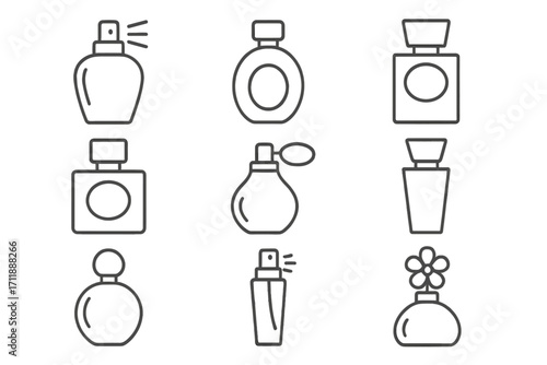 Perfume bottle line icon set. Vector collection of fragrance, cologne, and scent symbols. Minimal outline pictogram for beauty, fashion, and cosmetic web design or apps.