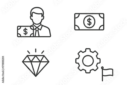 Business finance line icon set. Salary, investment, wealth concepts. Premium quality gem. Process gear and goal flag. Minimal linear pictograms for web and mobile apps.