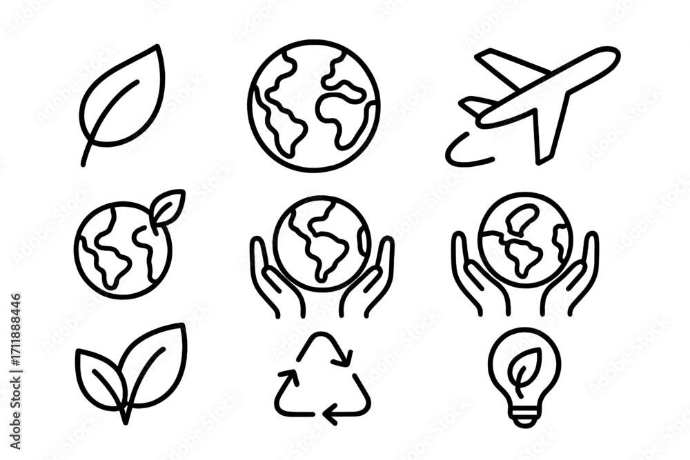 Fototapeta premium Ecology line icon set. Eco friendly, environment, and nature symbols. Collection of outline icons like earth day, save the planet, recycling, green energy, and sustainable travel.