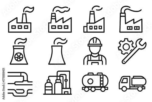 Industry and manufacturing line icon set. Vector symbols of factory, power plant, oil refinery, worker, and transport. Outline illustration for web design, apps, infographics.