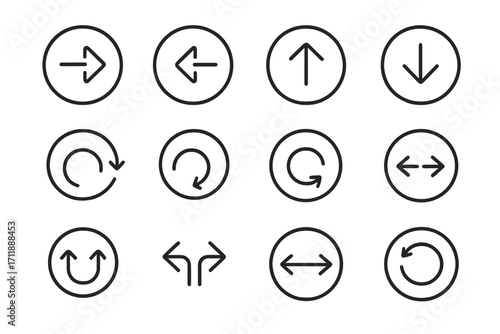Set of arrow line icons. Collection of vector direction symbols for web design and user interface. Navigation pointers, reload, refresh, undo, redo, and back buttons.