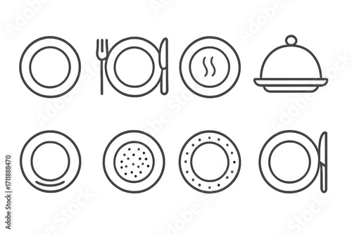 Plate line icon set collection. Minimalist outline symbols for food, restaurant menu. Dinner, dish, tableware pictogram. Fork, knife, cutlery, hot food, serving cloche signs.