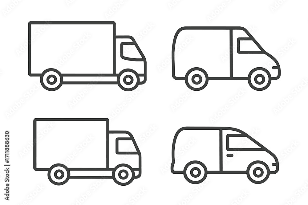 Fototapeta premium Delivery truck and van line icon set. Commercial vehicle and car bundle for logistics and shipping. Editable stroke vector illustration for web, apps, and transport concept.