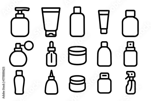 Cosmetic packaging line icon set. Vector outline bottle, tube, jar, and sprayer symbols for beauty and skincare products. Editable stroke cosmetic container collection.