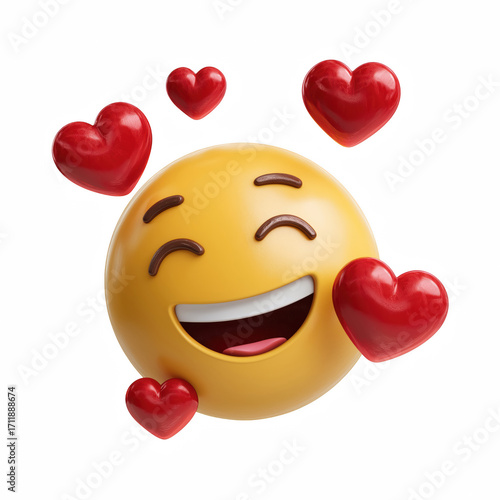 3D smiling emoji face surrounded by floating red hearts isolated on transparent background