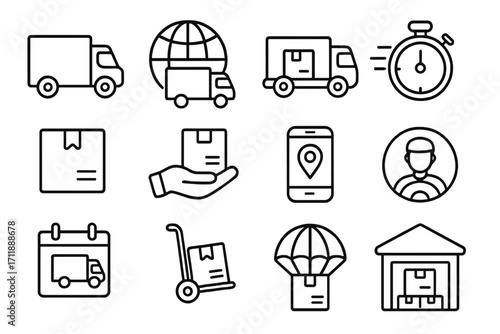 Delivery transport logistics line icons bundle. Shipping truck, global delivery, fast shipping, parcel tracking, courier hand, schedule, warehouse, mover, parachute package. Vector illustration set.