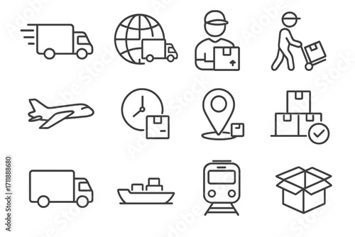 Delivery Transport Logistics Line Icons Collection. Fast Shipping, Global Delivery, Courier Parcel, Warehouse, Freight Truck, Box, Airplane, Ship, Train, Map, Tracking, Packing Vector Set