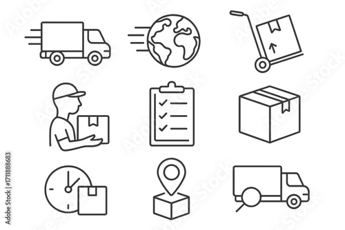 Delivery truck icons set. Outline courier van, package, parcel box, checklist, clock, world globe, location pin symbols. Line shipping, fast logistics, transport, delivery service vector collection