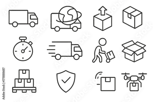 Delivery and Transport Line Icons Collection. Outline Symbols of Truck, Globe, Parcel, Stopwatch, Pallet, Drone, Package, Shield for Shipping, Logistics, Courier Services, Web and App Design