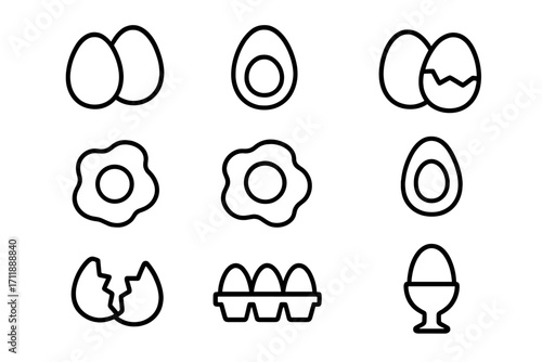 Eggs line icon collection. Outline egg, fried egg, cracked egg, egg carton, boiled egg cup, editable stroke. Food symbols for infographics, articles, books, flyers, banners. Vector isolated set