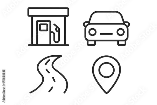 Gas station, car, winding road, and map pin minimal line icons collection. Editable stroke vector illustration for transportation, travel, navigation, road trip, GPS, auto services, web and app design