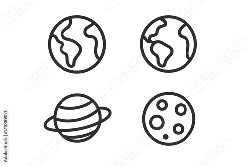 Earth Globe and Planet Outline Icons Set for Design Projects, Apps, Social Media, Cards, Astronomy, Space Science, Modern Vector Illustration, Transparent Background, Editable Line Art