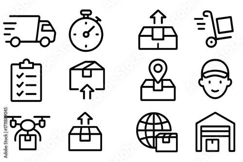 Express delivery logistics icons set. Thin line truck, stopwatch, parcel, location, checklist, delivery man, drone, warehouse, globe, and shipping outline vector for apps, web, shipping business.