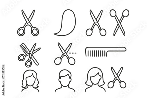 Haircut and Barber Line Icon Set. Scissors, Haircut, Comb, Male and Female Silhouette, Hairdressing Tools Outline Vector. Salon Equipment Symbols for Web, Apps, Adverts, Print, Card Design