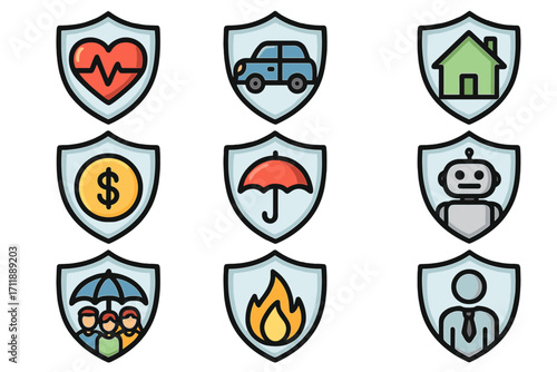 Insurance service icon set collection. Health, auto, home, life, finance, technology, fire, family, umbrella, business. Shield concept for coverage, protection, risk, vector flat cartoon app design