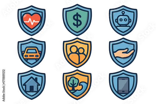 Insurance protection icon bundle shield vector set. Health, money, car, family, home, mobile device, technology, environment, charity, robot, safety, coverage concept illustration