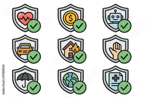 Insurance Icon Bundle Featuring Health, Money, Robot, Car, Home Fire, Hand, Umbrella, Earth, and Medical Document Shield Badges for Web, App, Business, Financial, and Safety Concepts