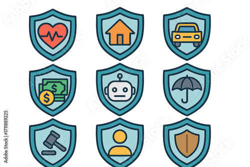 Insurance protection icon set, cartoon shield badges with health, home, car, money, robot, umbrella, law, user, security, financial risk, safety, legal, AI, coverage, vector illustration