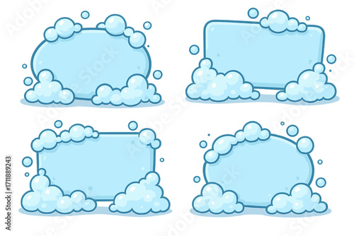 Soap foam bubble cartoon frame set. Blue bubbly water border collection for cleaning, washing ad. Cute vector illustration sign for post, card, banner, ui. Isolated copy space.