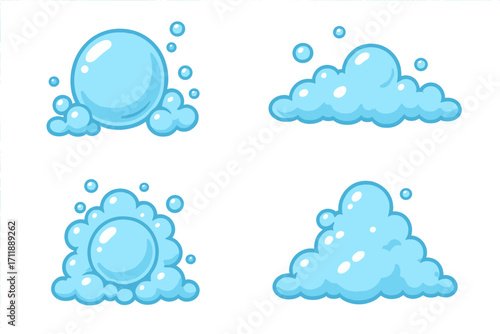 Vector set of soap foam and bubbles. Blue cartoon water suds and lather illustrations. Cleaning, washing, and freshness concept icons for advertisements, posts, and cards.