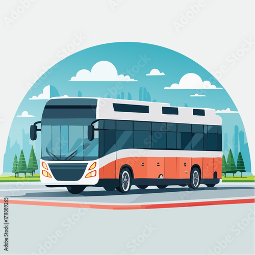 Modern public transportation bus on a city street with a scenic background