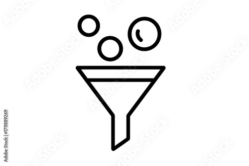 Filter line icon with bubbles. Data filtering, analysis, and sorting concept. Funnel metaphor for selection, conversion, and purification process. Vector logo for web, app, UI.