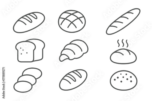 Bread and bakery line icon set. Minimalistic vector pictogram collection of loaf, baguette, croissant, toast, and bun for web design, apps, and graphic elements. Pastry