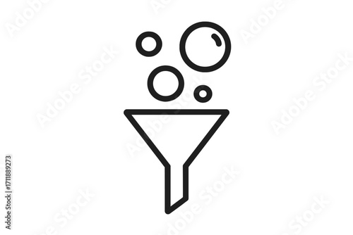 Filter icon, funnel with bubbles symbol. Concept of data filtering, sorting, analysis, and purification. Minimalistic line art vector for web and app design.