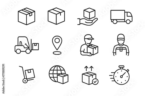 Delivery and logistics line icon set. Shipping service and package transportation symbols. Warehouse, courier, and distribution pictograms for e-commerce and freight transport.