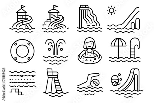 Water park line icon set. Summer vacation and recreation concept. Aqua park and swimming pool signs for web design. Water slide, swimmer, pool and leisure activity symbols.