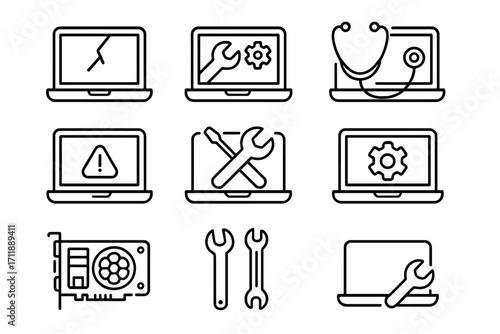Modern outline icons set of laptop repair, computer maintenance, screen diagnostics, warning signs, hardware upgrades, and IT troubleshooting tools for tech support design resources, vector collection