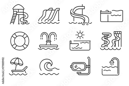 Water park line icon set. Summer vacation and holiday outline signs. Aqua park, swimming pool, beach and ocean recreation symbols. Water slide, wave, lifebuoy vector pictograms.