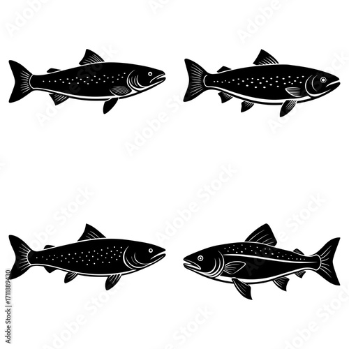 Illustration depicting four stylized black fish swimming in different orientations on a white background