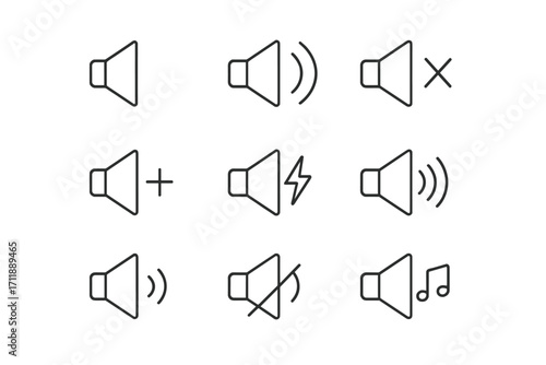Loudspeaker thin line icon set, outline speaker signs for graphic design, web apps, adverts, various cards, vector cartoon illustration, transparent background collection