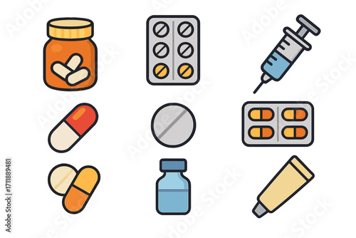 Medicine and Treatment Icon Pack. Cartoon Vector Set of Pills, Capsules, Syringe, Medicine Bottle, Blister Packs, Cream Tube. Pharmaceutical Elements for Medical Cards, Healthcare Apps, Web Design