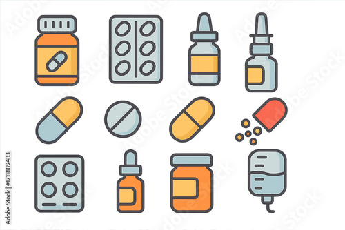 Medical Treatment Icon Set. Cartoon Vector Illustrations of Pills, Medicine Bottles, Blister Packs, Syrup, Nasal Spray, Capsules, Tablets, Pharmacy Concepts for Apps, Websites, Cards, Posters