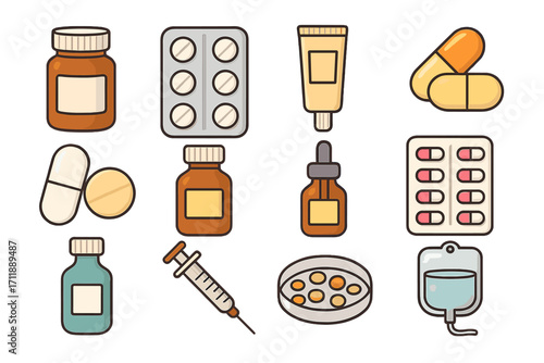 Vector Cartoon Meds and Treatment Icon Pack, Transparent Background, Includes Pills, Capsules, Medication Symbols, Healthcare Design Elements for Apps, Websites, Cards, Posts, and Medical Projects