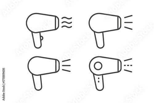 Set of Minimalistic Linear Hair Dryer Icons, Vector Line Art Pack for Web Design, Graphic Apps, Social Media Banners, UI Elements, Cartoon Style Vector Illustrations