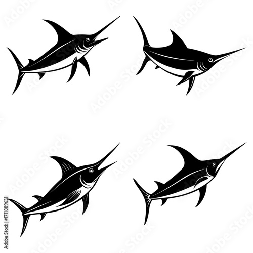 Four stylized black and white marlin fish swimming in different directions on a white background design element