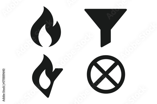 Fire flame icon, funnel filter symbol, and stop or prohibited sign vector set. Collection of simple black glyphs for web design, user interface (UI), and mobile apps.