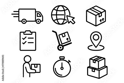 Delivery and transport line icon set. Logistics and shipping pictograms. E-commerce, package tracking, courier service symbols for web and mobile apps. Vector outline signs.