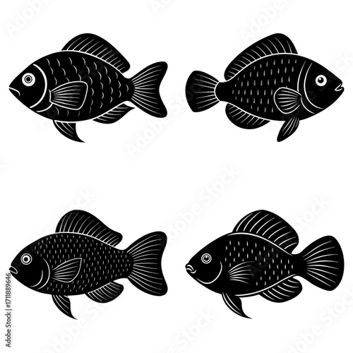 Four stylized black fish with detailed fins and scales swimming in different orientations on white background