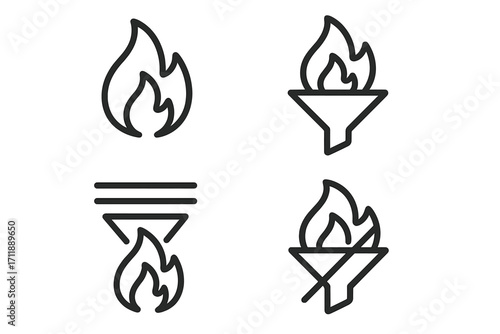 Fire flame funnel icon set. Hot lead generation filter concept. Vector line symbols for heat, energy, and data processing. Unfiltered content sign. Sales pipeline optimization.