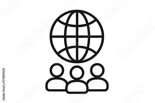 Global community icon. International team and world population concept. Group of people with a globe symbol. Social network, humanity, and global business connection.